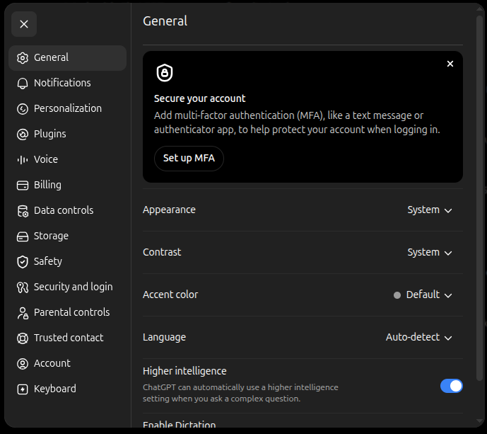 ChatGPT Settings screen
