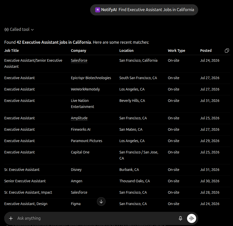 Job search results from NotifyAI in ChatGPT