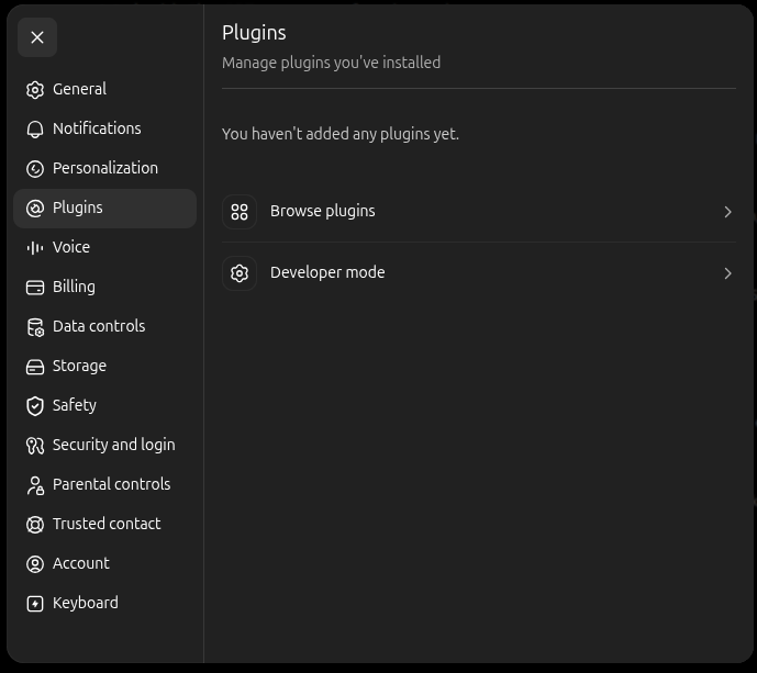 Plugins section in ChatGPT Settings