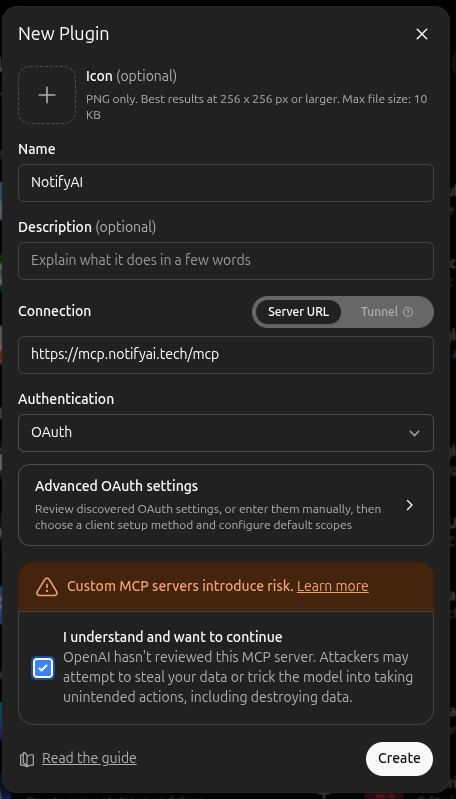 Adding the NotifyAI MCP server to ChatGPT