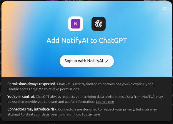 Sign in to NotifyAI from ChatGPT
