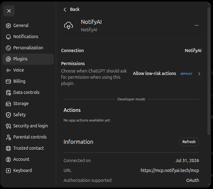 NotifyAI successfully added to ChatGPT