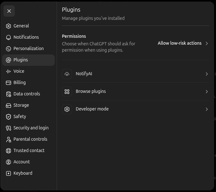 NotifyAI displayed in the ChatGPT Plugins list