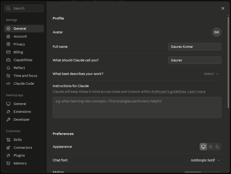 Claude Desktop Settings screen