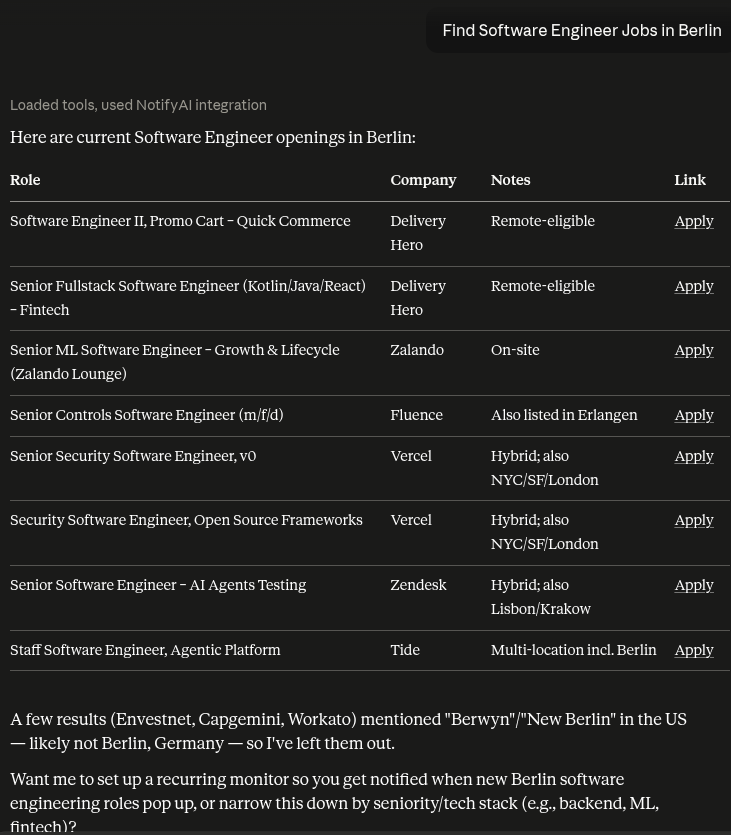 Live NotifyAI job search results displayed in Claude Desktop