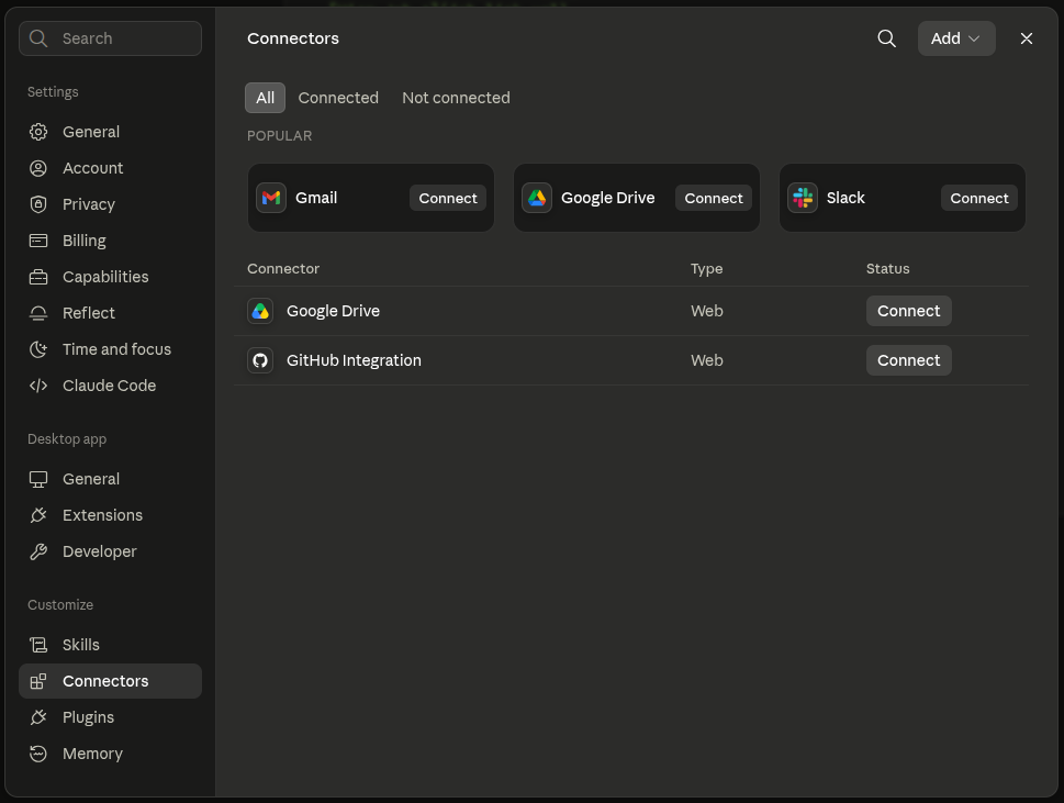 Connectors section in Claude Desktop Settings