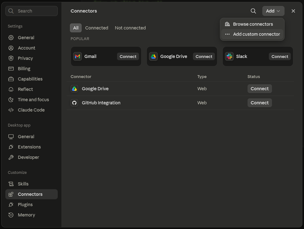 Browse connectors screen in Claude Desktop