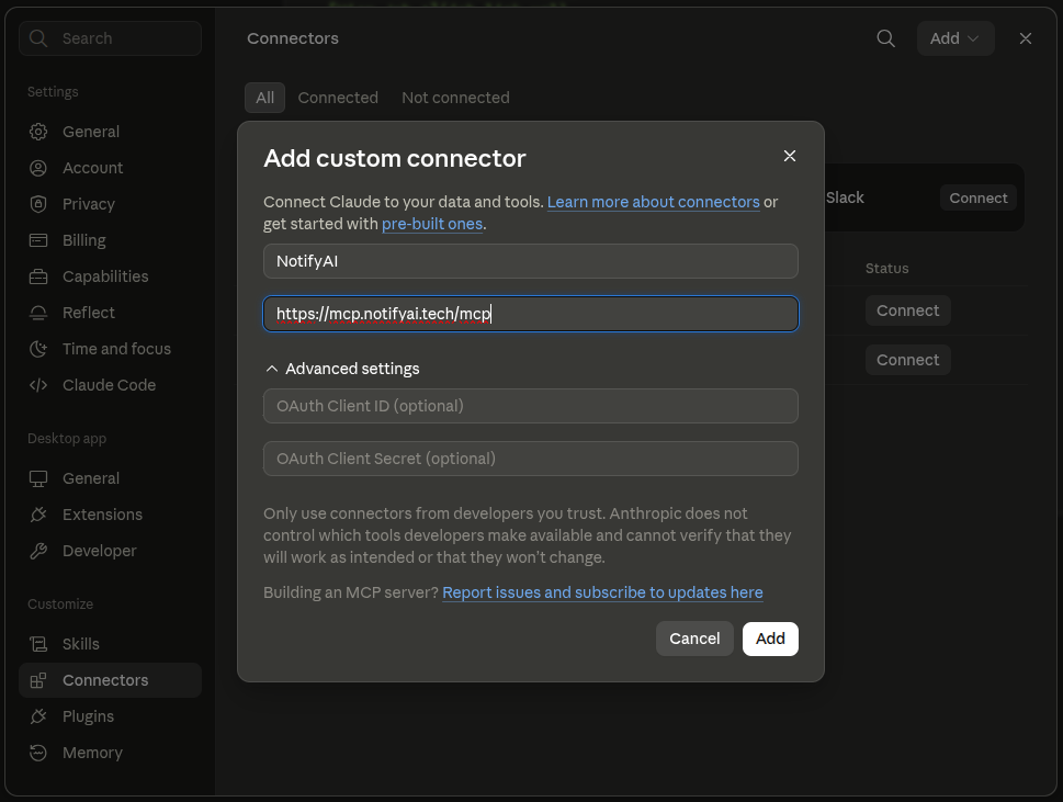 Adding the NotifyAI custom connector in Claude Desktop
