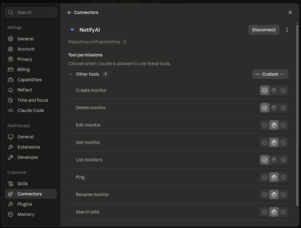 NotifyAI connected in Claude Desktop with available tools
